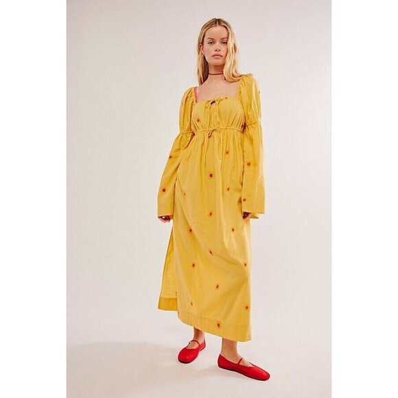 Free People Dresses & Skirts - NEW FREE PEOPLE EMORY YELLOW FLOWER EMBROIDERED LONG SLEEVE MIDI DRESS SZ SMALL